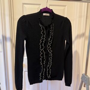 Cashmere Black & White Ruffled Women's Cardigan Sweater